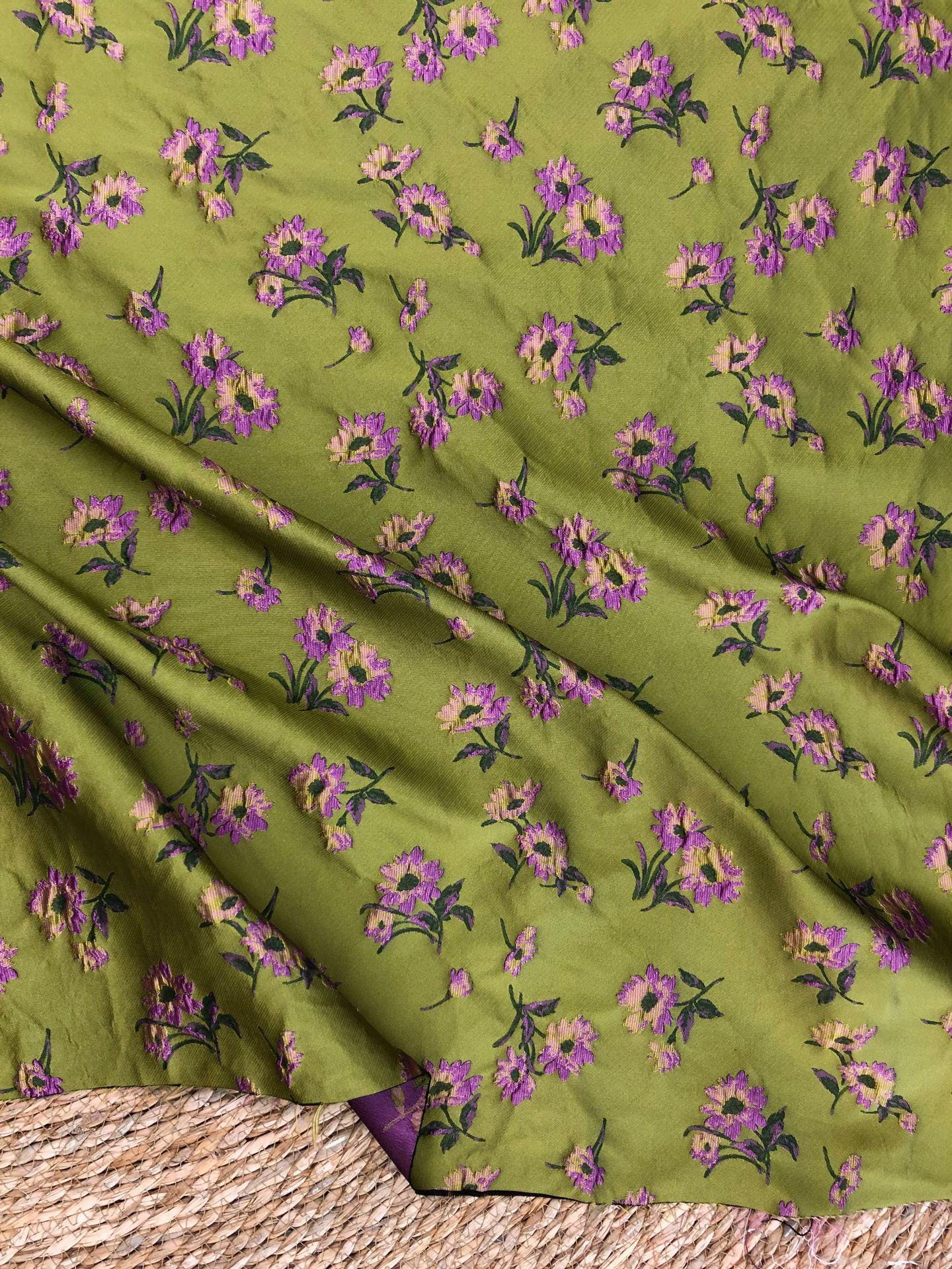 Green Floral Jacquard Fabric by Yard, Camellia Flower Embossed Textile, Vintage Dress Fabric for Sewing Crafts Home Decor, 63" Wide