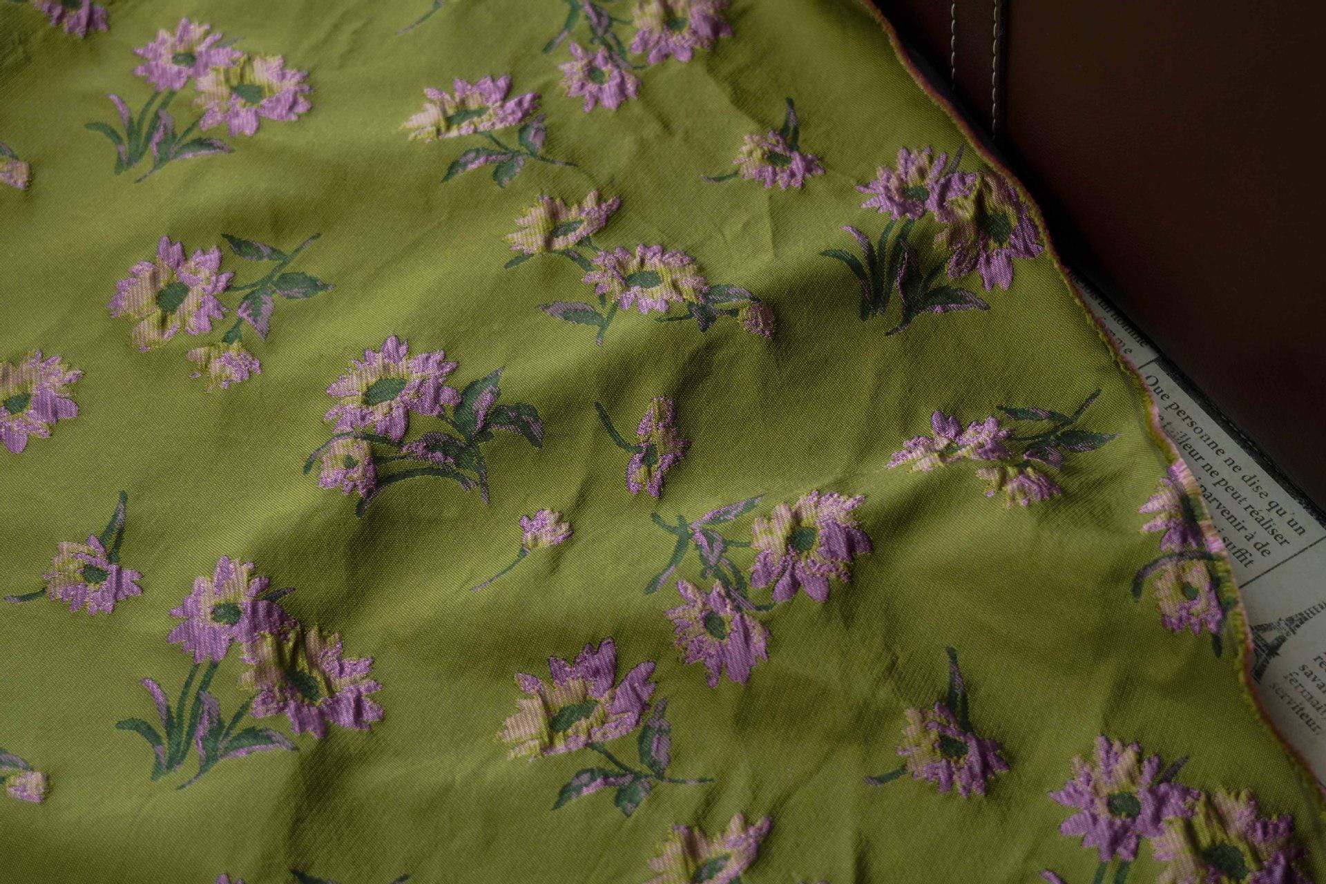 Green Floral Jacquard Fabric by Yard, Camellia Flower Embossed Textile, Vintage Dress Fabric for Sewing Crafts Home Decor, 63" Wide