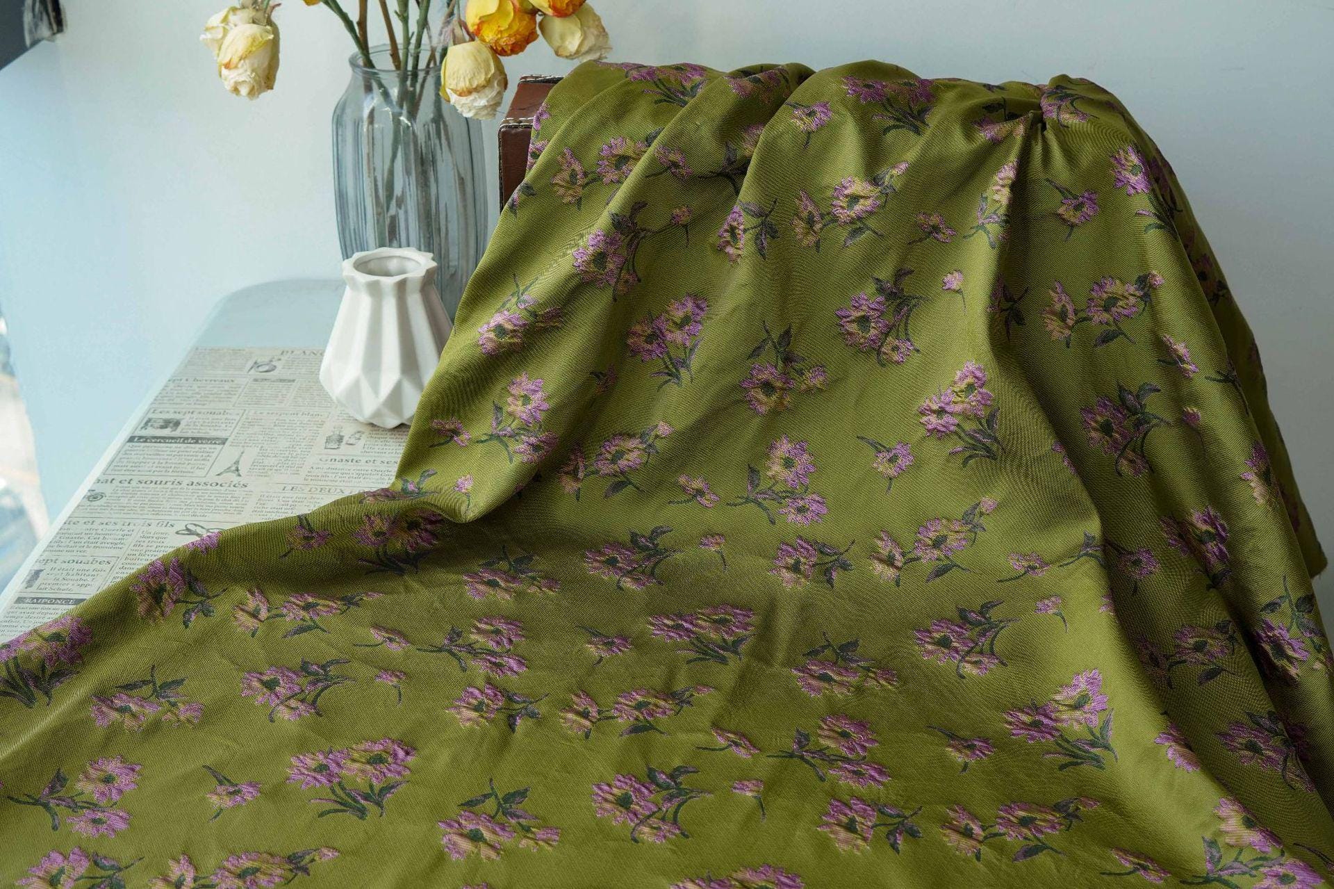 Green Floral Jacquard Fabric by Yard, Camellia Flower Embossed Textile, Vintage Dress Fabric for Sewing Crafts Home Decor, 63" Wide