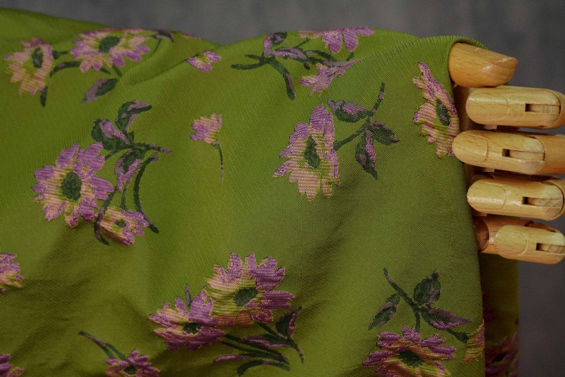 Green Floral Jacquard Fabric by Yard, Camellia Flower Embossed Textile, Vintage Dress Fabric for Sewing Crafts Home Decor, 63" Wide