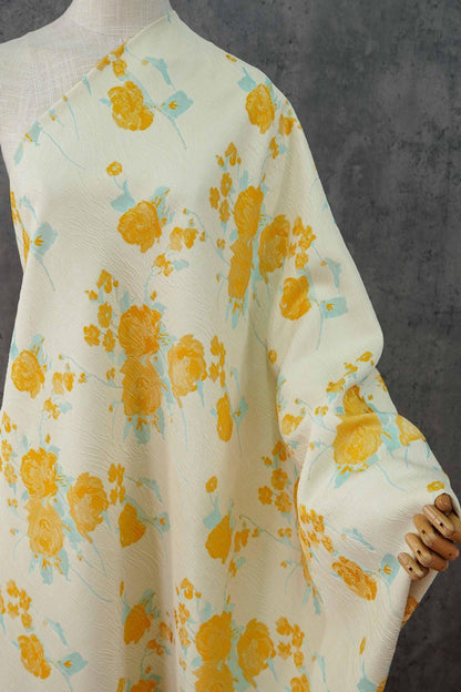 Embossed Yellow Rose Jacquard Fabric, Ivory Floral Brocade Fabric with Blue Accents for Dressmaking, Cheongsam, Upholstery & Decor, 55" Wide