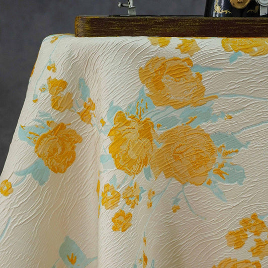 Embossed Yellow Rose Jacquard Fabric, Ivory Floral Brocade Fabric with Blue Accents for Dressmaking, Cheongsam, Upholstery & Decor, 55" Wide - Poppylollipop