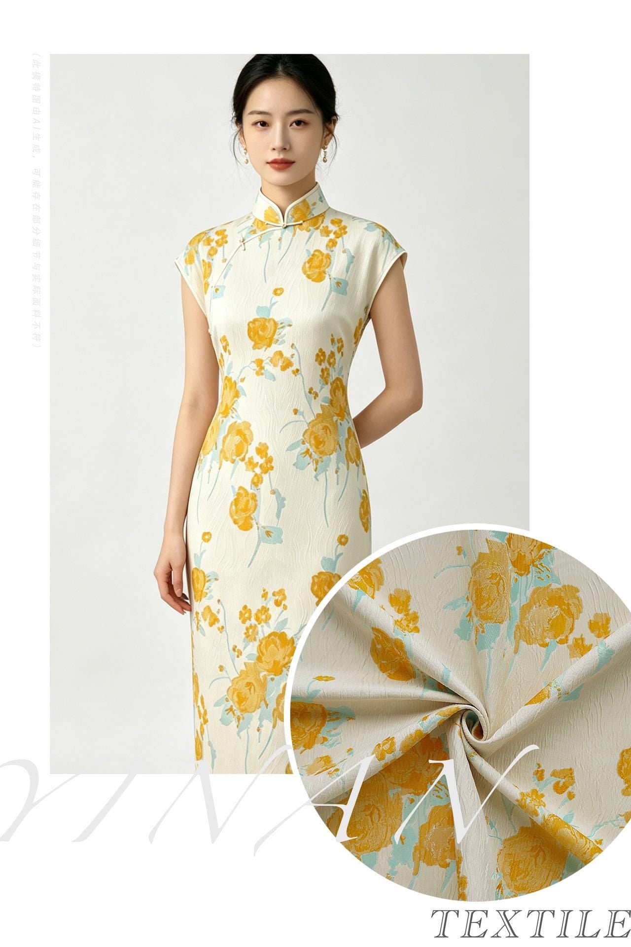 Embossed Yellow Rose Jacquard Fabric, Ivory Floral Brocade Fabric with Blue Accents for Dressmaking, Cheongsam, Upholstery & Decor, 55" Wide