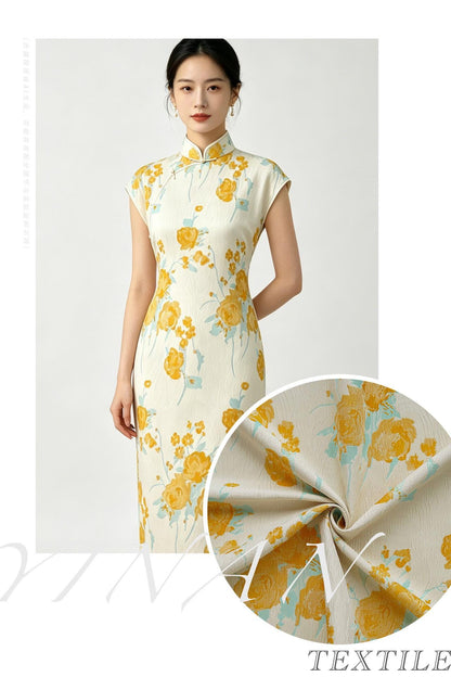 Embossed Yellow Rose Jacquard Fabric, Ivory Floral Brocade Fabric with Blue Accents for Dressmaking, Cheongsam, Upholstery & Decor, 55" Wide