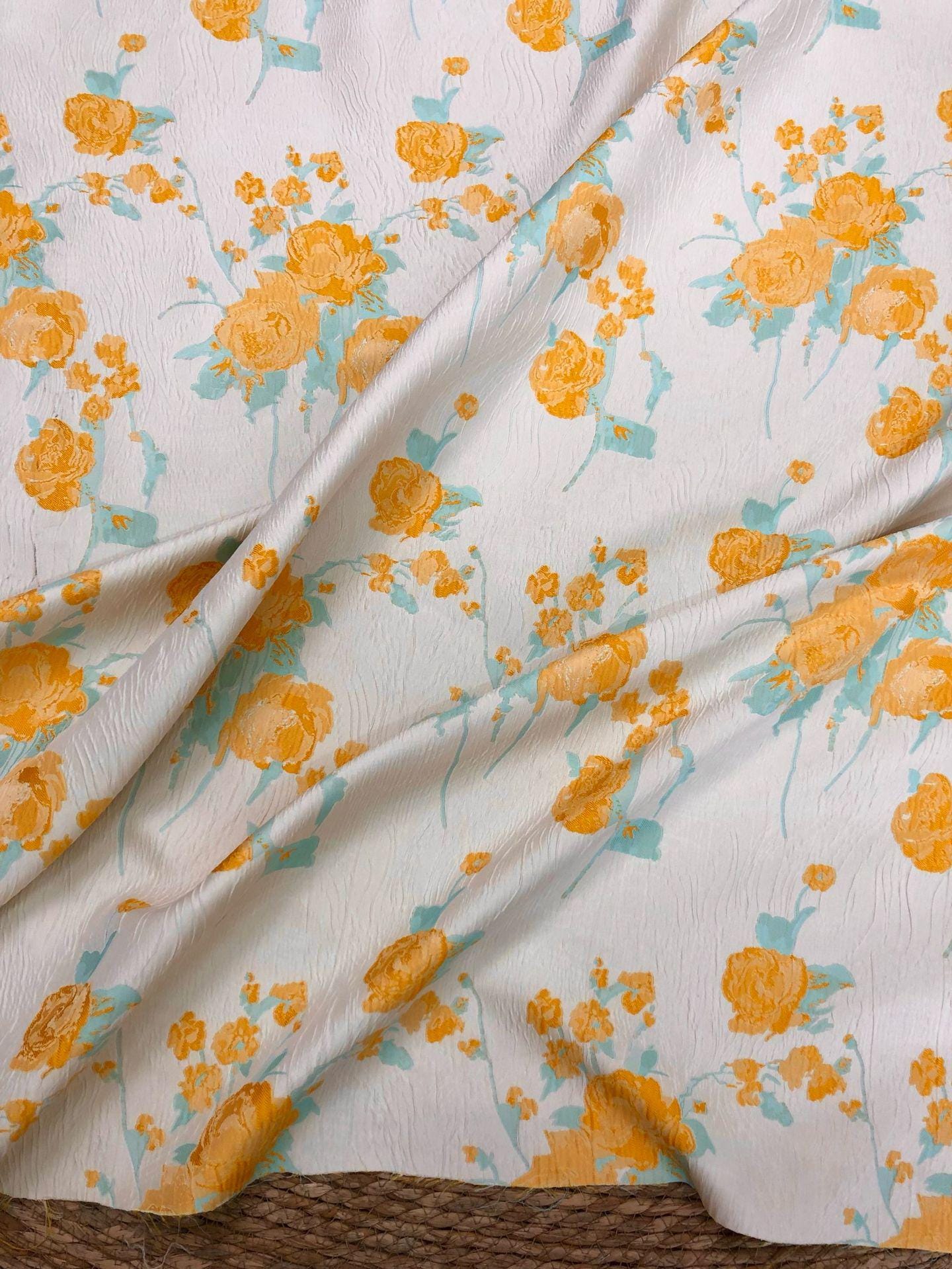 Embossed Yellow Rose Jacquard Fabric, Ivory Floral Brocade Fabric with Blue Accents for Dressmaking, Cheongsam, Upholstery & Decor, 55" Wide