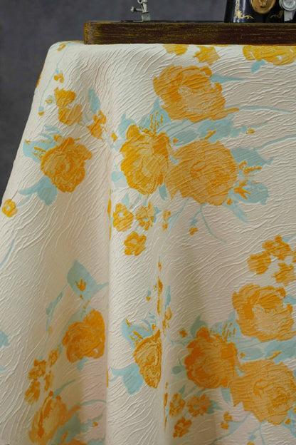 Embossed Yellow Rose Jacquard Fabric, Ivory Floral Brocade Fabric with Blue Accents for Dressmaking, Cheongsam, Upholstery & Decor, 55" Wide