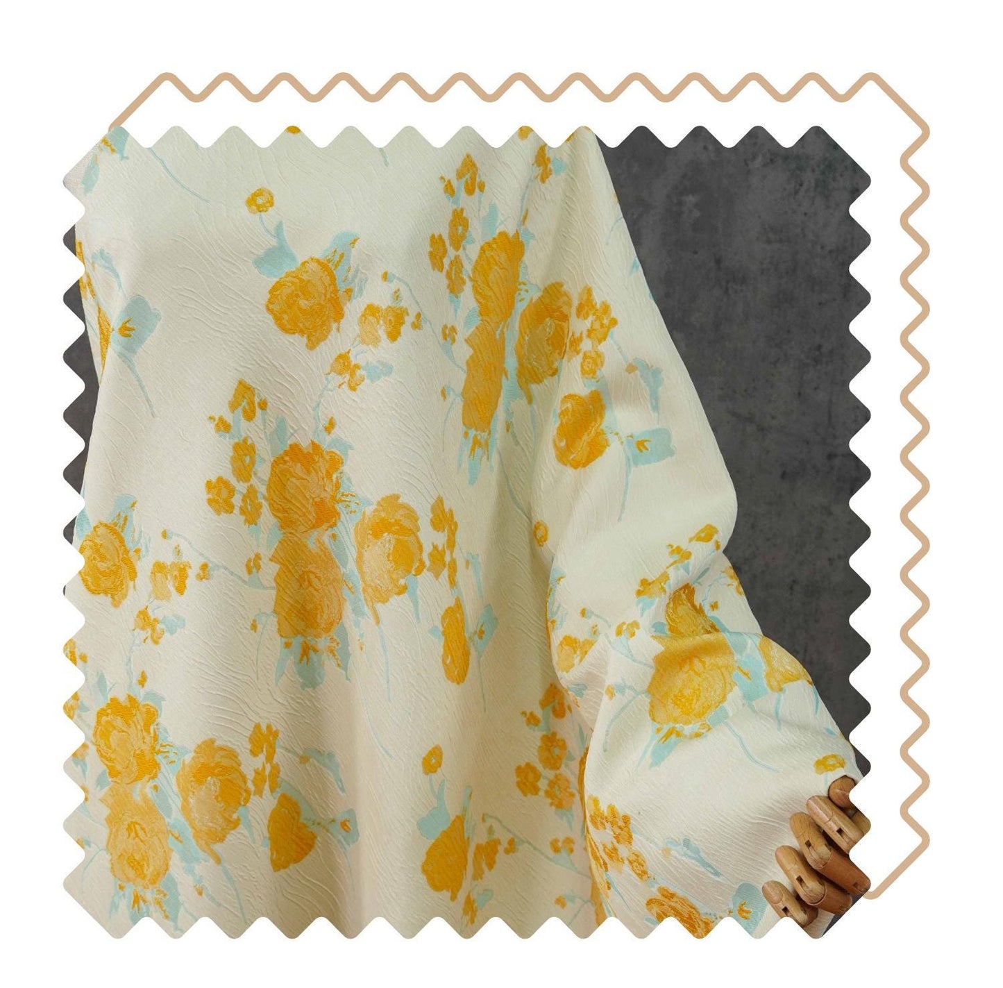 Embossed Yellow Rose Jacquard Fabric, Ivory Floral Brocade Fabric with Blue Accents for Dressmaking, Cheongsam, Upholstery & Decor, 55" Wide