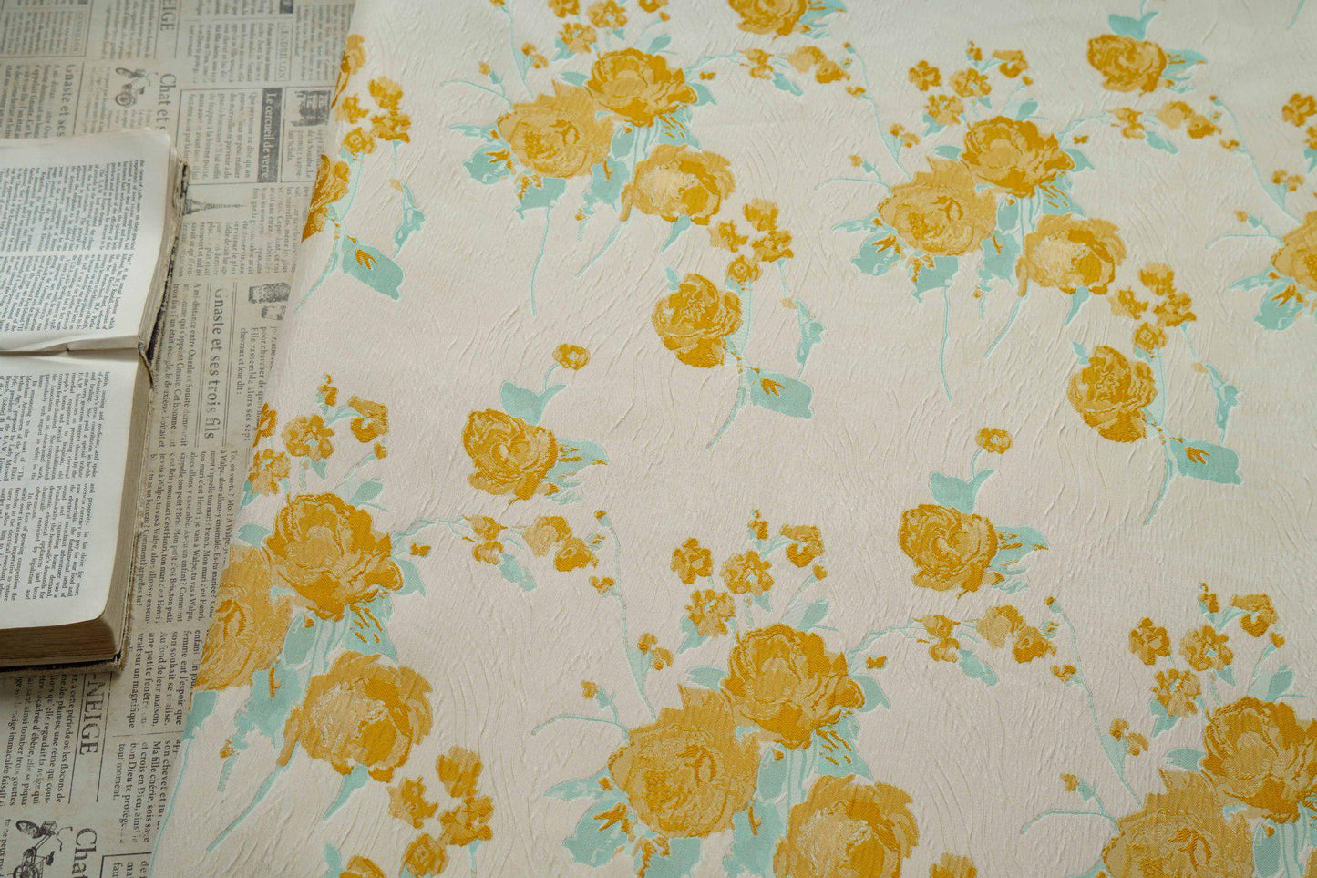 Embossed Yellow Rose Jacquard Fabric, Ivory Floral Brocade Fabric with Blue Accents for Dressmaking, Cheongsam, Upholstery & Decor, 55" Wide