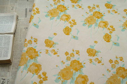 Embossed Yellow Rose Jacquard Fabric, Ivory Floral Brocade Fabric with Blue Accents for Dressmaking, Cheongsam, Upholstery & Decor, 55" Wide