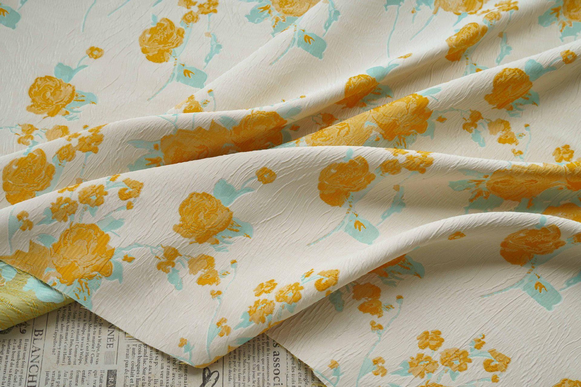 Embossed Yellow Rose Jacquard Fabric, Ivory Floral Brocade Fabric with Blue Accents for Dressmaking, Cheongsam, Upholstery & Decor, 55" Wide