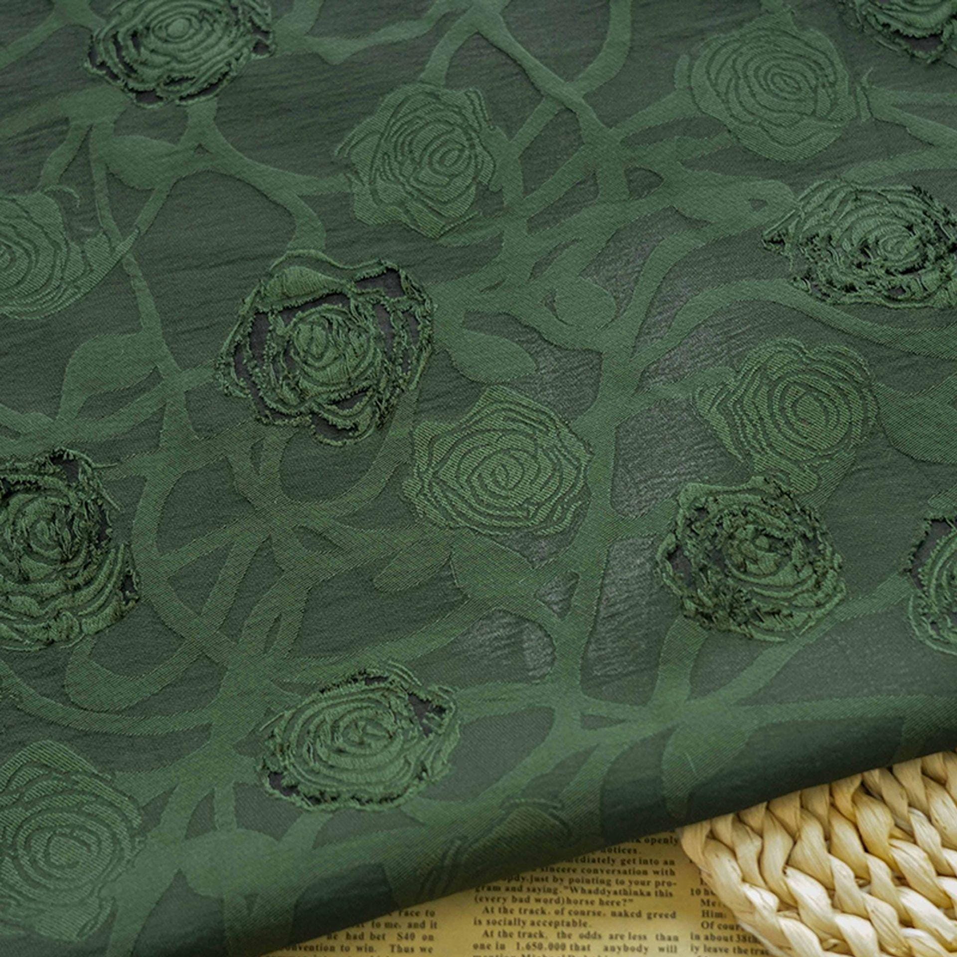 Vintage Rose Cutwork Jacquard Fabric, Embossed Floral Woven Textile, Dark Green Brocade Fabric for Dress, Jacket, DIY Sewing, 53"Wide