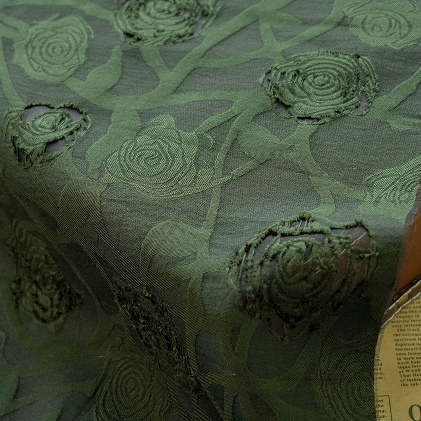 Vintage Rose Cutwork Jacquard Fabric, Embossed Floral Woven Textile, Dark Green Brocade Fabric for Dress, Jacket, DIY Sewing, 53"Wide