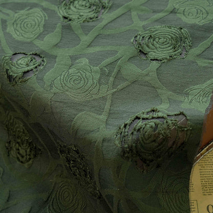 Vintage Rose Cutwork Jacquard Fabric, Embossed Floral Woven Textile, Dark Green Brocade Fabric for Dress, Jacket, DIY Sewing, 53"Wide