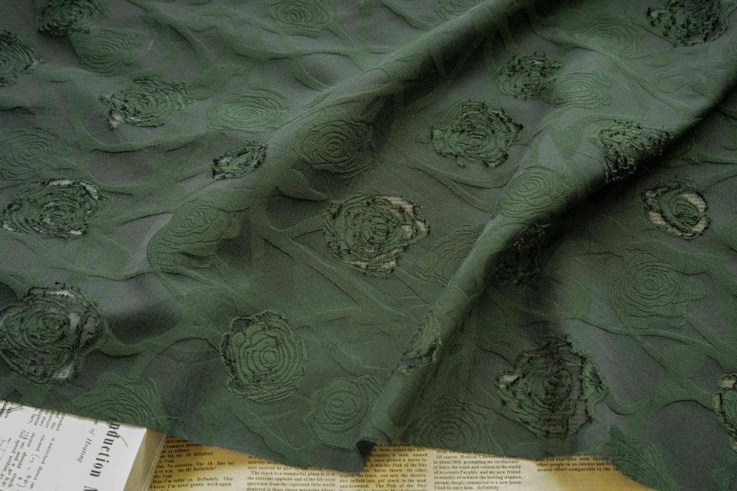 Vintage Rose Cutwork Jacquard Fabric, Embossed Floral Woven Textile, Dark Green Brocade Fabric for Dress, Jacket, DIY Sewing, 53"Wide