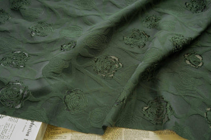 Vintage Rose Cutwork Jacquard Fabric, Embossed Floral Woven Textile, Dark Green Brocade Fabric for Dress, Jacket, DIY Sewing, 53"Wide