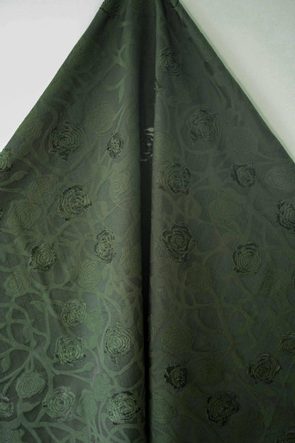 Vintage Rose Cutwork Jacquard Fabric, Embossed Floral Woven Textile, Dark Green Brocade Fabric for Dress, Jacket, DIY Sewing, 53"Wide
