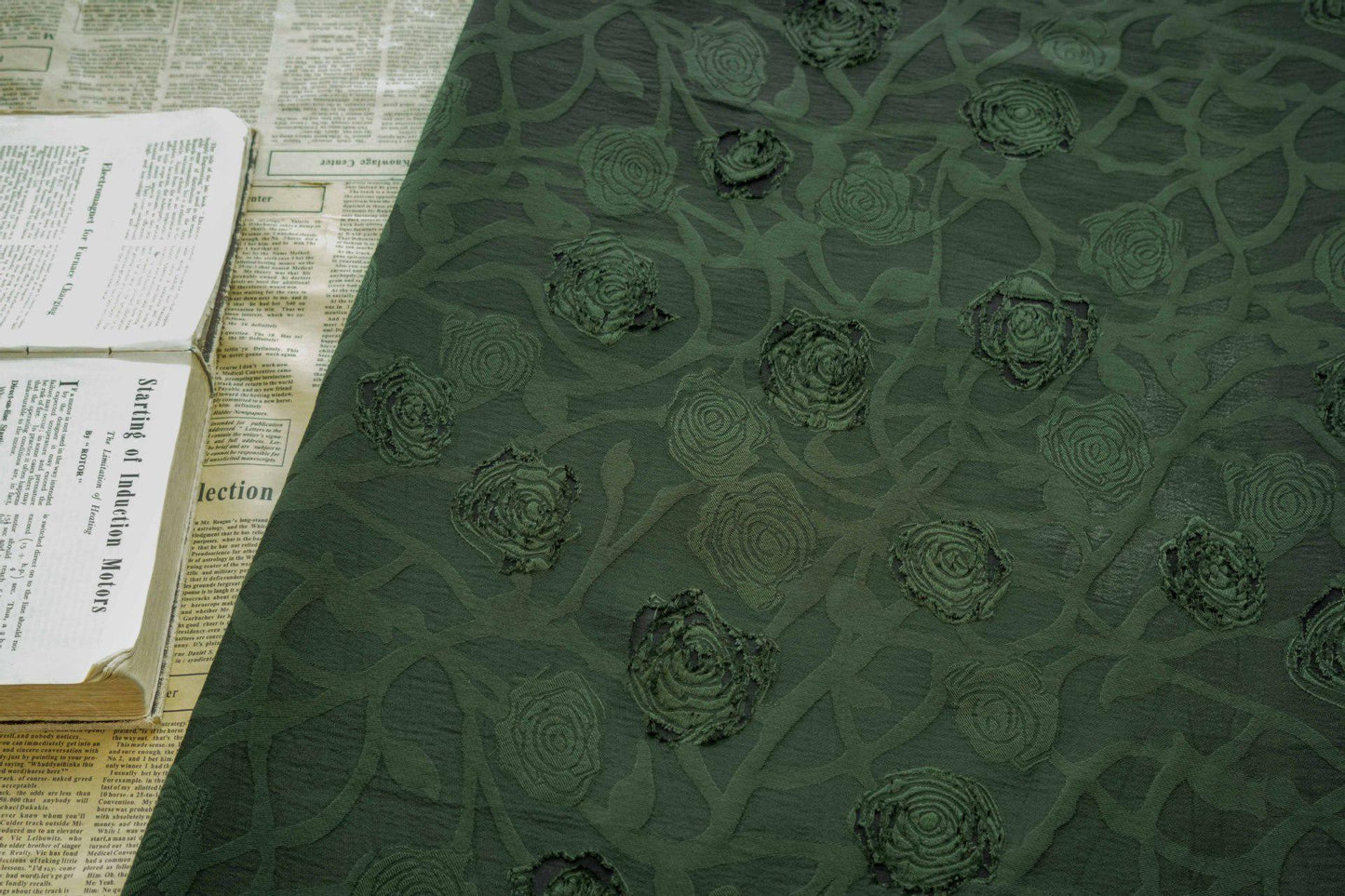 Vintage Rose Cutwork Jacquard Fabric, Embossed Floral Woven Textile, Dark Green Brocade Fabric for Dress, Jacket, DIY Sewing, 53"Wide