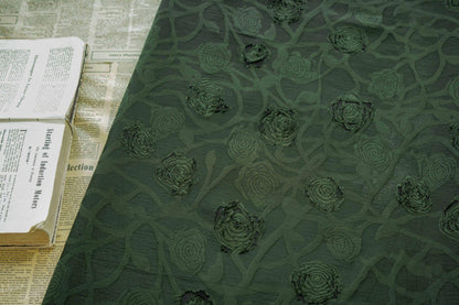 Vintage Rose Cutwork Jacquard Fabric, Embossed Floral Woven Textile, Dark Green Brocade Fabric for Dress, Jacket, DIY Sewing, 53"Wide