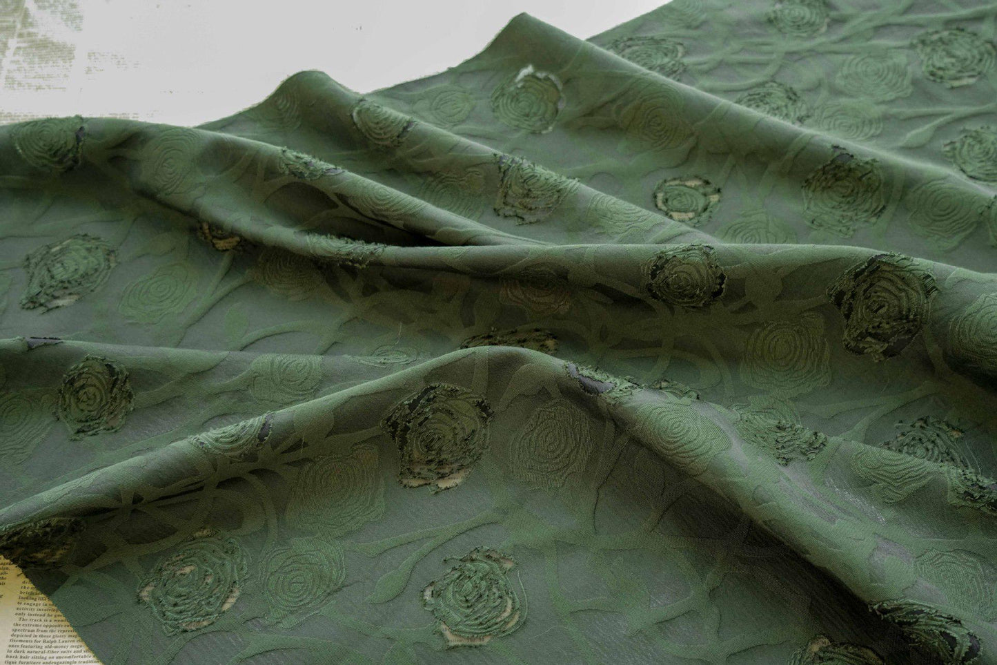 Vintage Rose Cutwork Jacquard Fabric, Embossed Floral Woven Textile, Dark Green Brocade Fabric for Dress, Jacket, DIY Sewing, 53"Wide