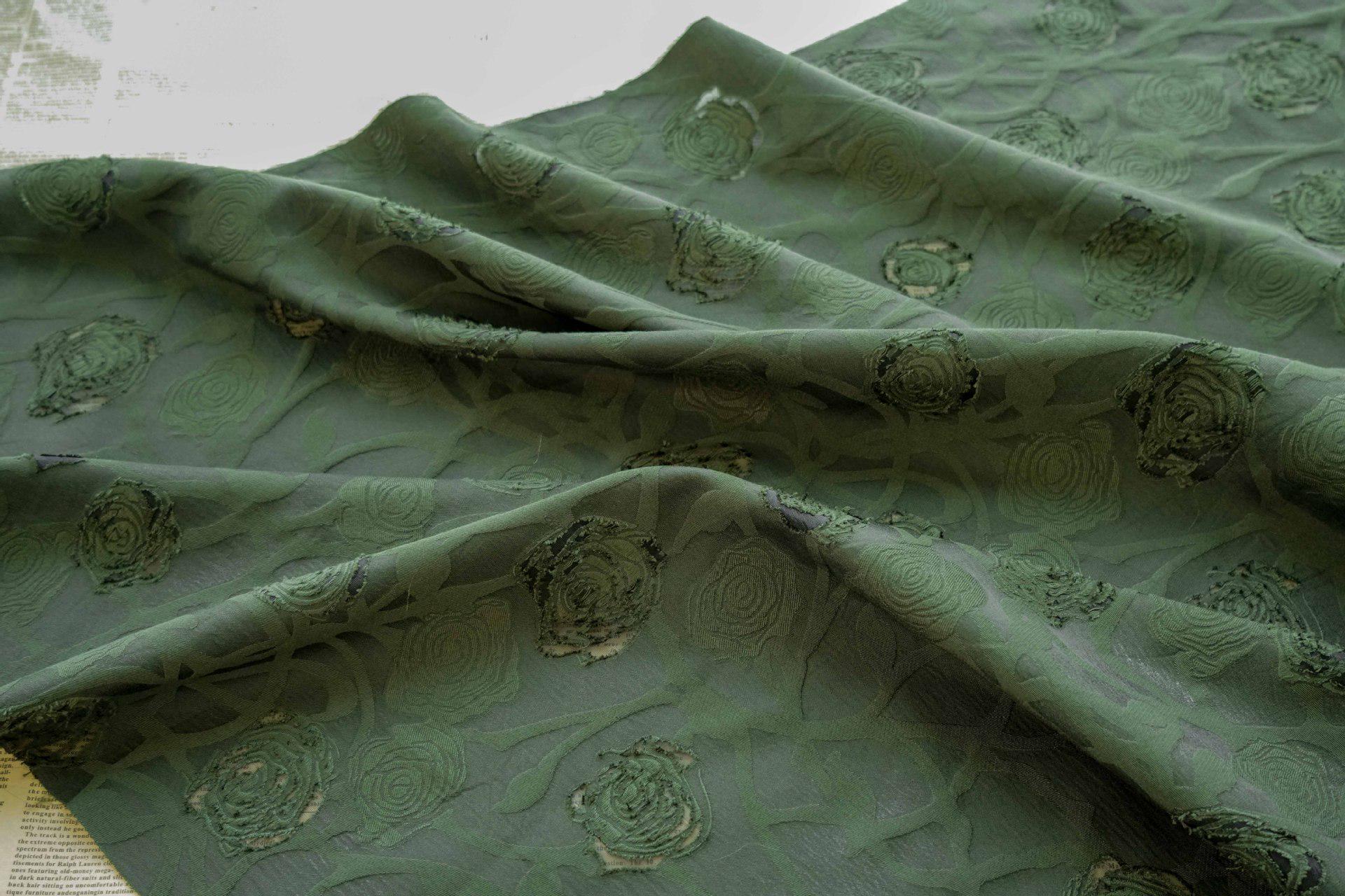 Vintage Rose Cutwork Jacquard Fabric, Embossed Floral Woven Textile, Dark Green Brocade Fabric for Dress, Jacket, DIY Sewing, 53"Wide