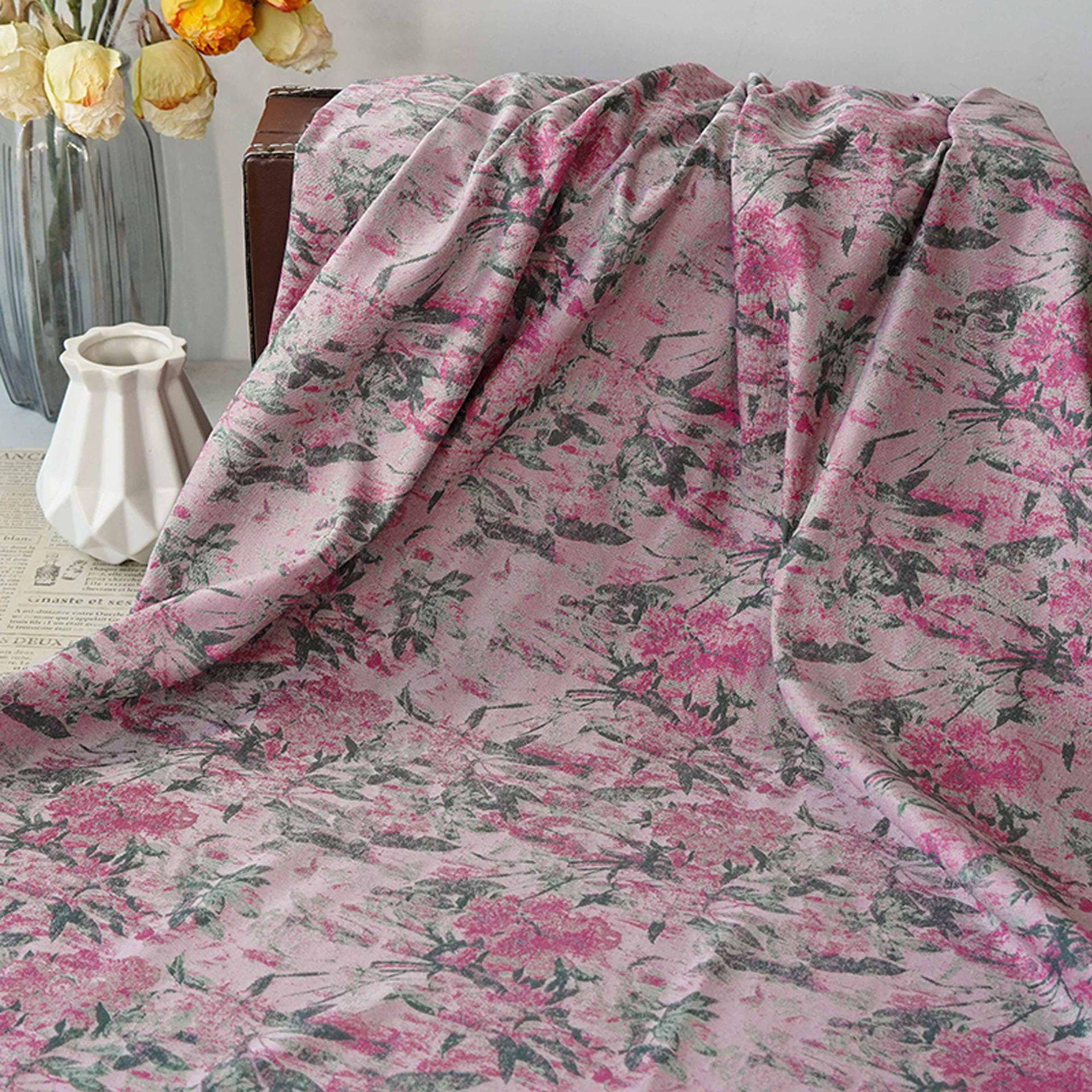 Vintage Pink Floral Jacquard Fabric, Watercolor Botanical Woven Textile, Retro Flower Fabric for Dress, Blouse, Sewing DIY, 56"Wide