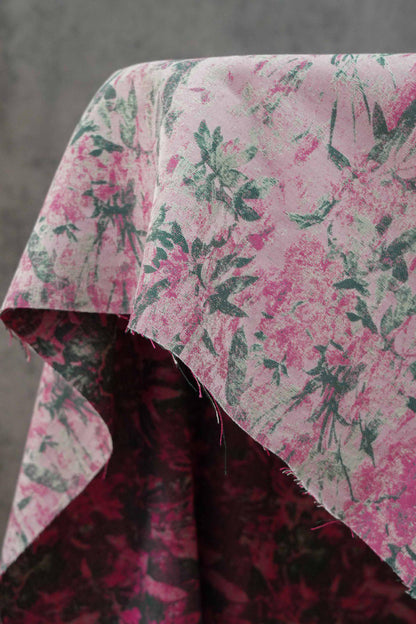Vintage Pink Floral Jacquard Fabric, Watercolor Botanical Woven Textile, Retro Flower Fabric for Dress, Blouse, Sewing DIY, 56"Wide