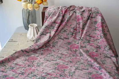 Vintage Pink Floral Jacquard Fabric, Watercolor Botanical Woven Textile, Retro Flower Fabric for Dress, Blouse, Sewing DIY, 56"Wide