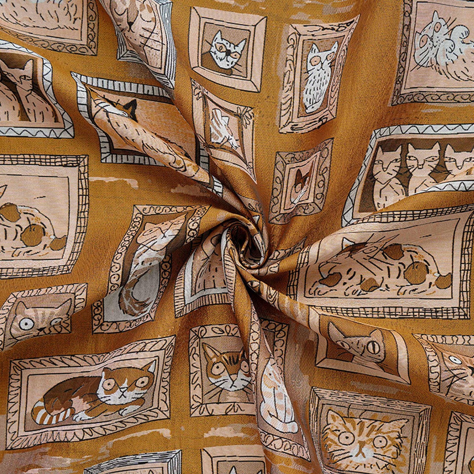 Retro Cat Print Fabric by Yard, Cartoon Cat Frames Cotton Blend Textile, Upholstery Fabric for Curtains Sofa Cushions Sewing Crafts, 63" W