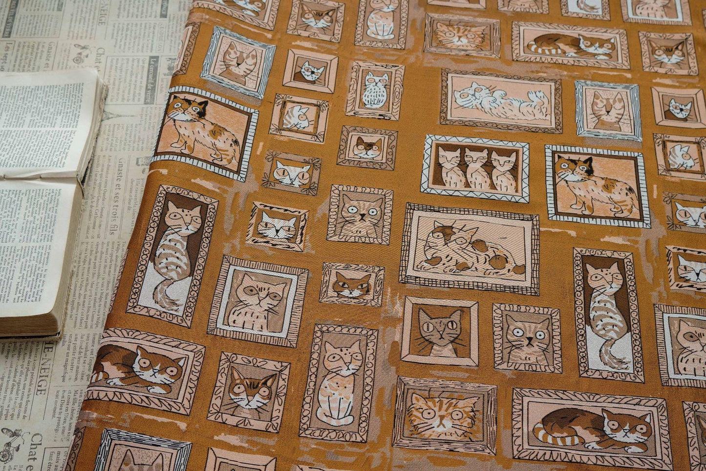 Retro Cat Print Fabric by Yard, Cartoon Cat Frames Cotton Blend Textile, Upholstery Fabric for Curtains Sofa Cushions Sewing Crafts, 63" W