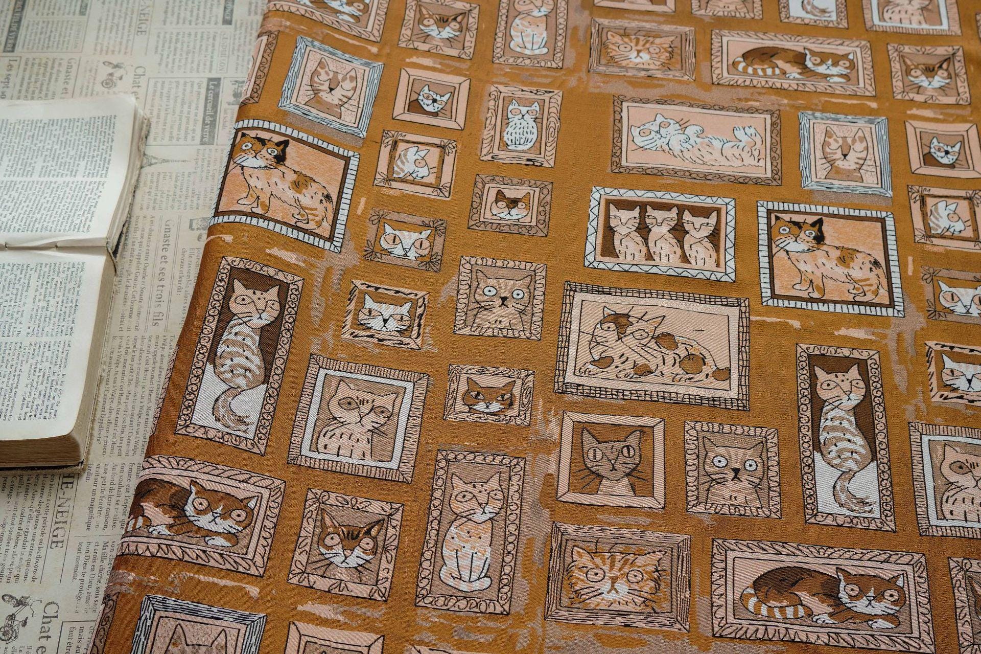 Retro Cat Print Fabric by Yard, Cartoon Cat Frames Cotton Blend Textile, Upholstery Fabric for Curtains Sofa Cushions Sewing Crafts, 63" W