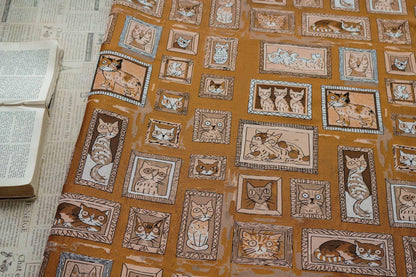 Retro Cat Print Fabric by Yard, Cartoon Cat Frames Cotton Blend Textile, Upholstery Fabric for Curtains Sofa Cushions Sewing Crafts, 63" W