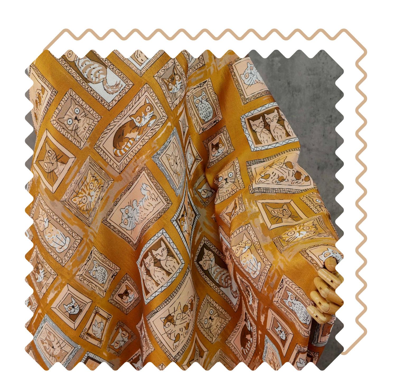 Retro Cat Print Fabric by Yard, Cartoon Cat Frames Cotton Blend Textile, Upholstery Fabric for Curtains Sofa Cushions Sewing Crafts, 63" W