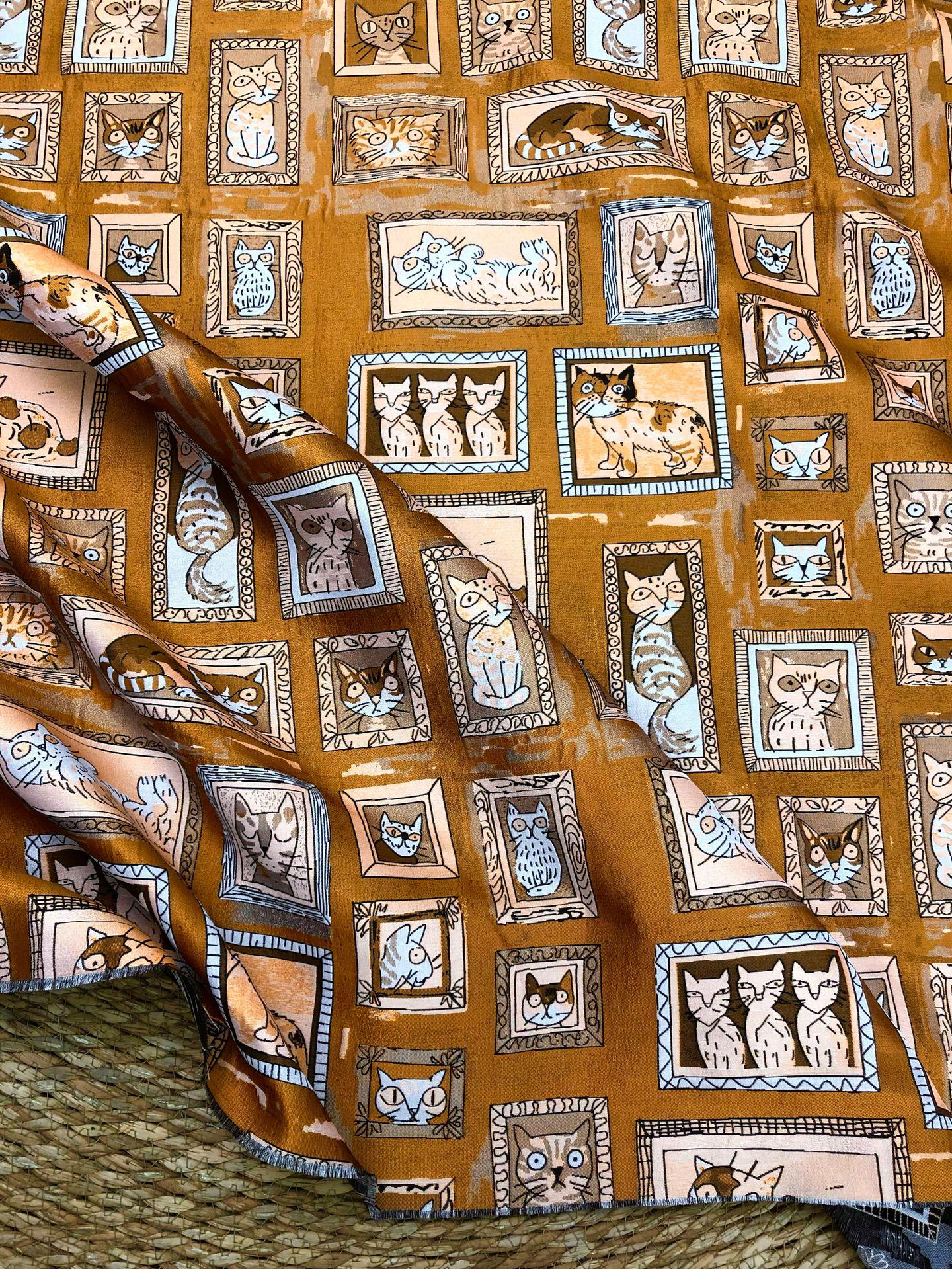 Retro Cat Print Fabric by Yard, Cartoon Cat Frames Cotton Blend Textile, Upholstery Fabric for Curtains Sofa Cushions Sewing Crafts, 63" W