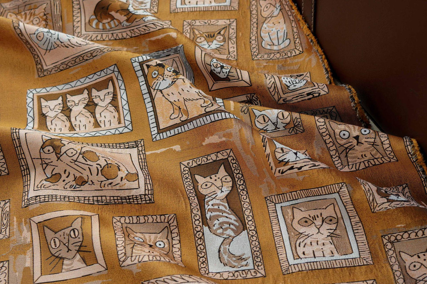 Retro Cat Print Fabric by Yard, Cartoon Cat Frames Cotton Blend Textile, Upholstery Fabric for Curtains Sofa Cushions Sewing Crafts, 63" W