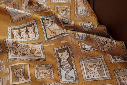 Retro Cat Print Fabric by Yard, Cartoon Cat Frames Cotton Blend Textile, Upholstery Fabric for Curtains Sofa Cushions Sewing Crafts, 63" W