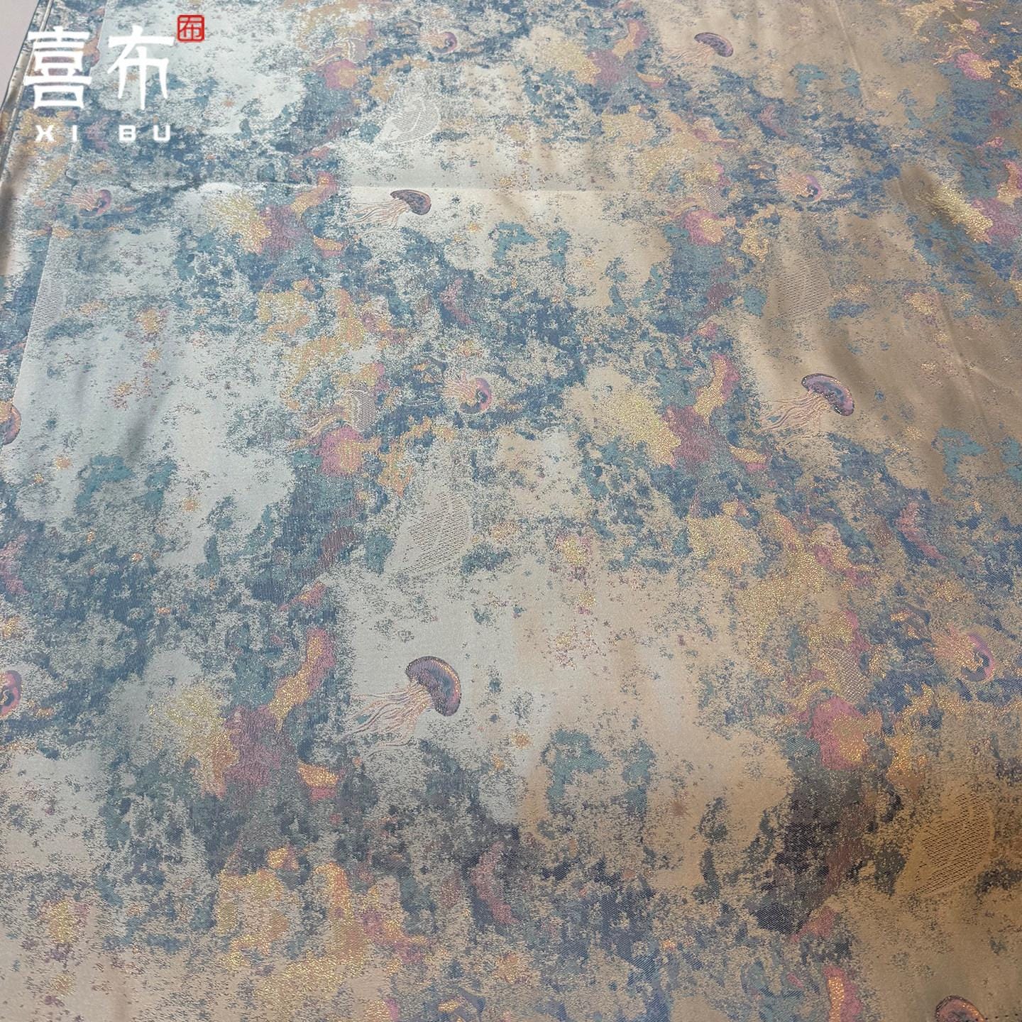 Gold Metallic Ocean Fabric by Yard, Gradient Jellyfish Jacquard Textile, Fantasy Dress Fabric for Sewing DIY Crafts Costumes, 58"Wide