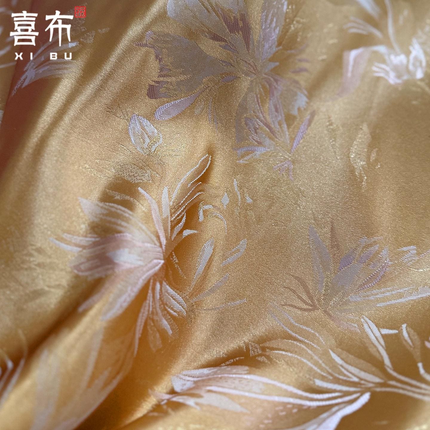 Floral Silk-Look Jacquard Brocade Fabric by Yard, Embossed Gold Flower Woven Textile, Elegant Dress Fabric for Sewing & Decor, 29"Wide