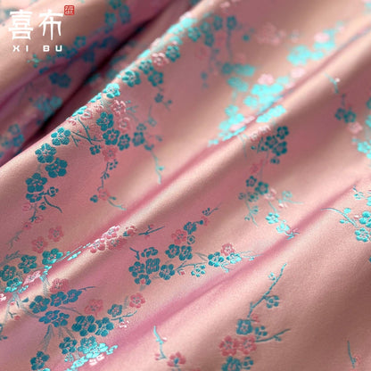 Pink Floral Brocade Fabric by Yard, Turquoise Small Flower Jacquard Textile, Elegant DIY Dress Fabric for Sewing Crafts Decor, 58"Wide