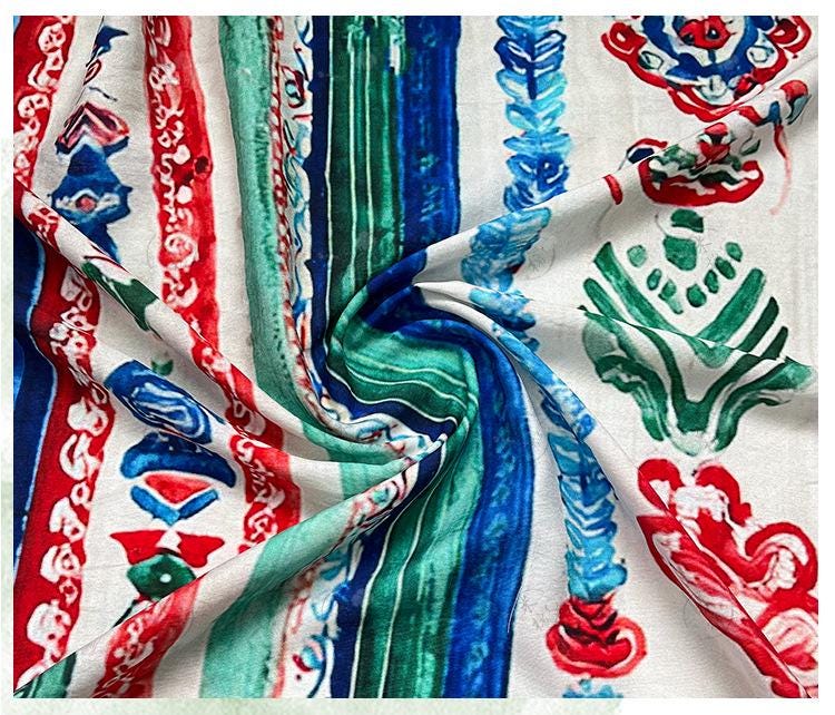 Colorful Ikat Cotton Fabric, Bohemian Geometric Printed Textile, Ethnic Pattern Fabric for Dress, Quilt, Sewing DIY