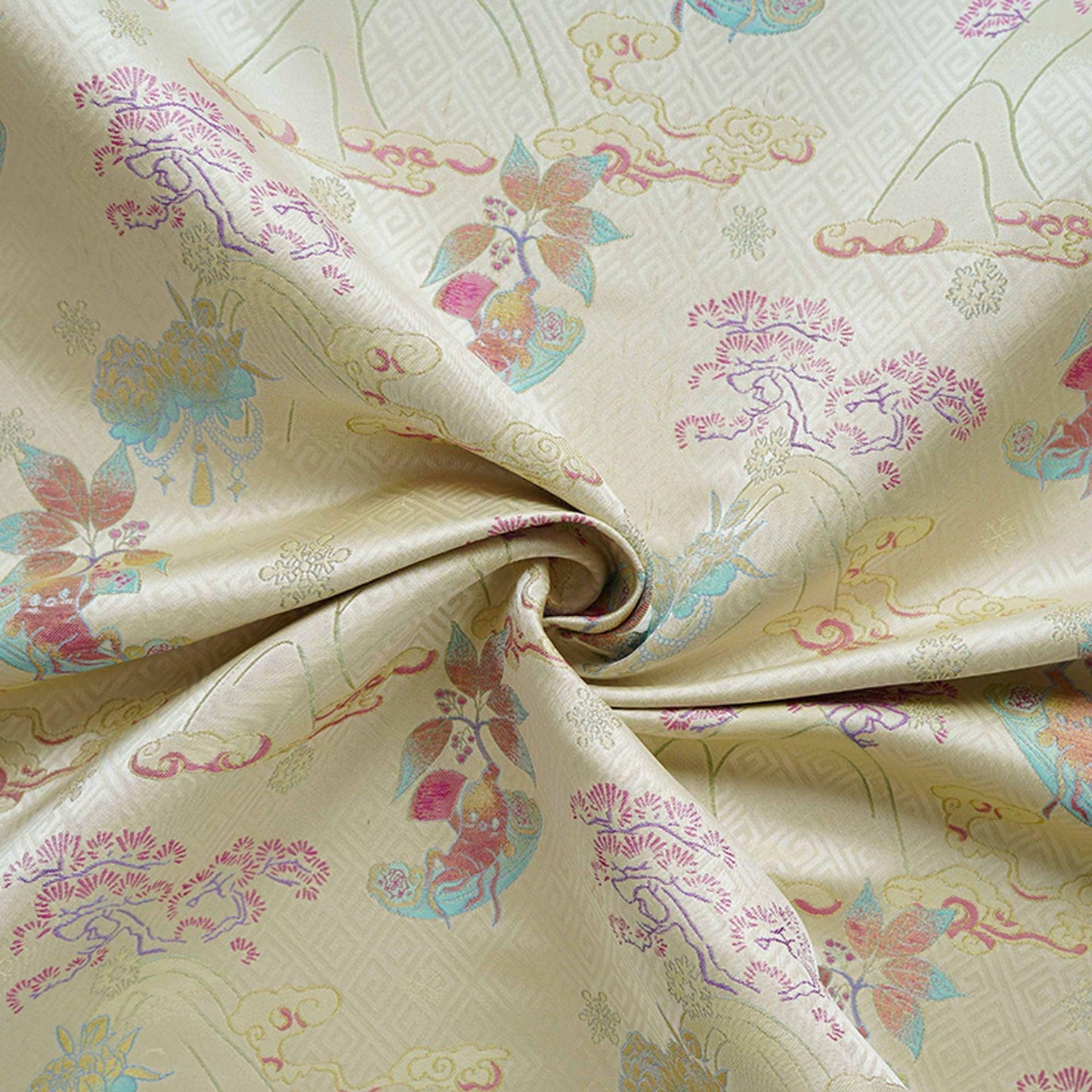 Hundred Blessings Jacquard Brocade Fabric, Song Dynasty Inspired Satin Damask Textile, Elegant Floral Lucky Pattern Fabric, 65" Wide