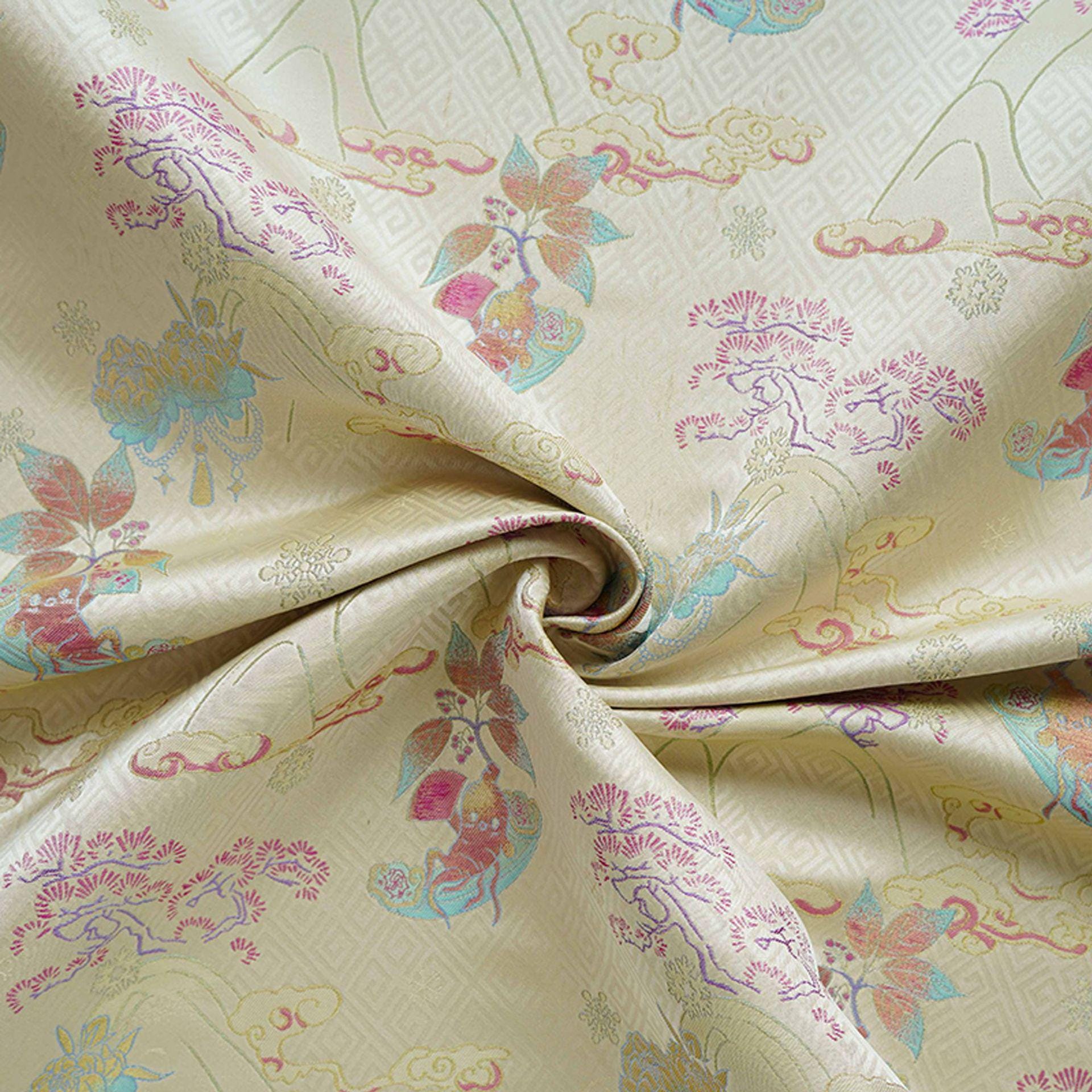 Hundred Blessings Jacquard Brocade Fabric, Song Dynasty Inspired Satin Damask Textile, Elegant Floral Lucky Pattern Fabric, 65" Wide