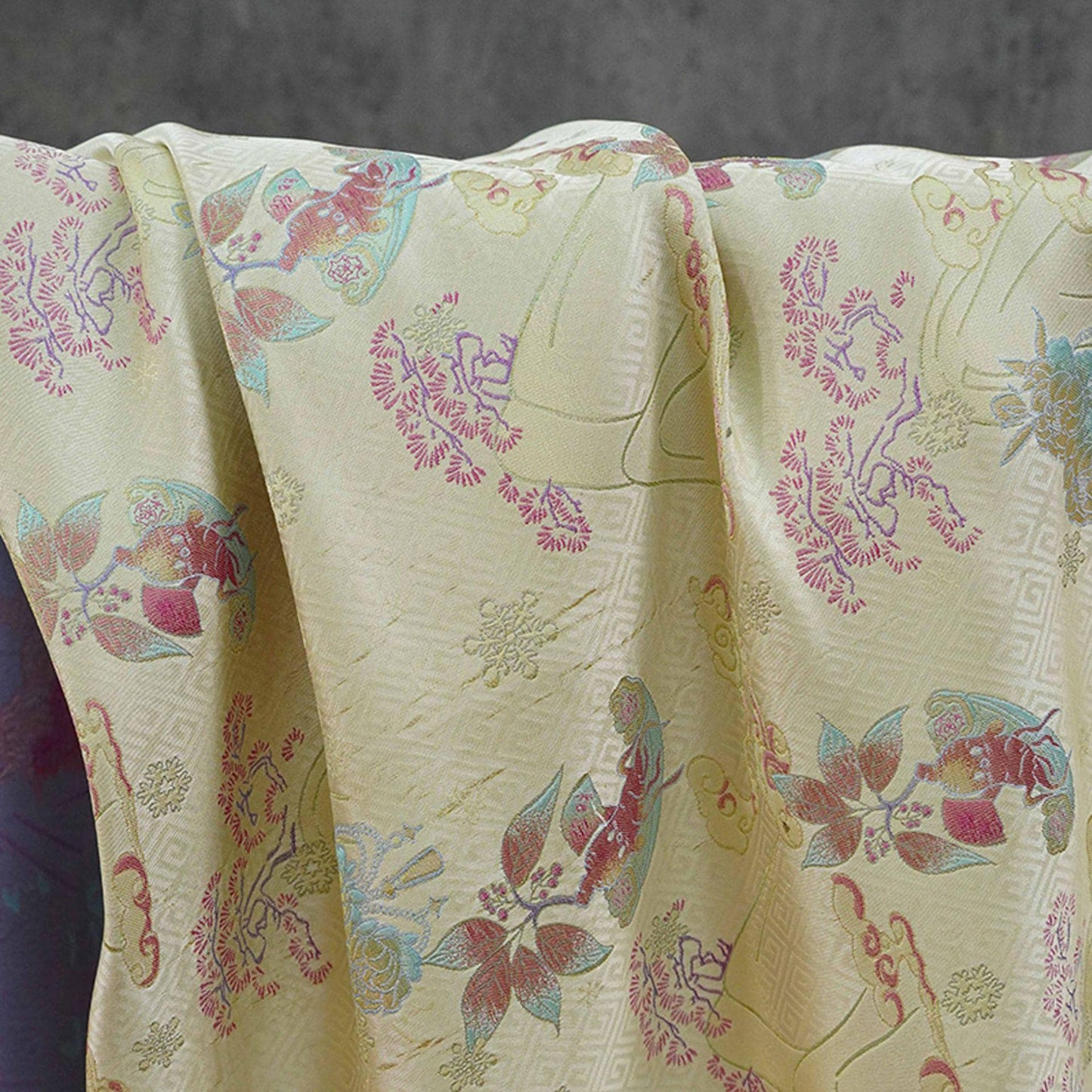 Hundred Blessings Jacquard Brocade Fabric, Song Dynasty Inspired Satin Damask Textile, Elegant Floral Lucky Pattern Fabric, 65" Wide