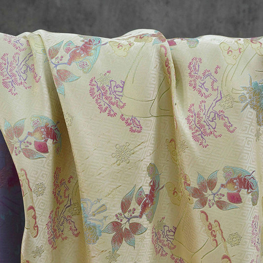 Hundred Blessings Jacquard Brocade Fabric, Song Dynasty Inspired Satin Damask Textile, Elegant Floral Lucky Pattern Fabric, 65" Wide - Poppylollipop