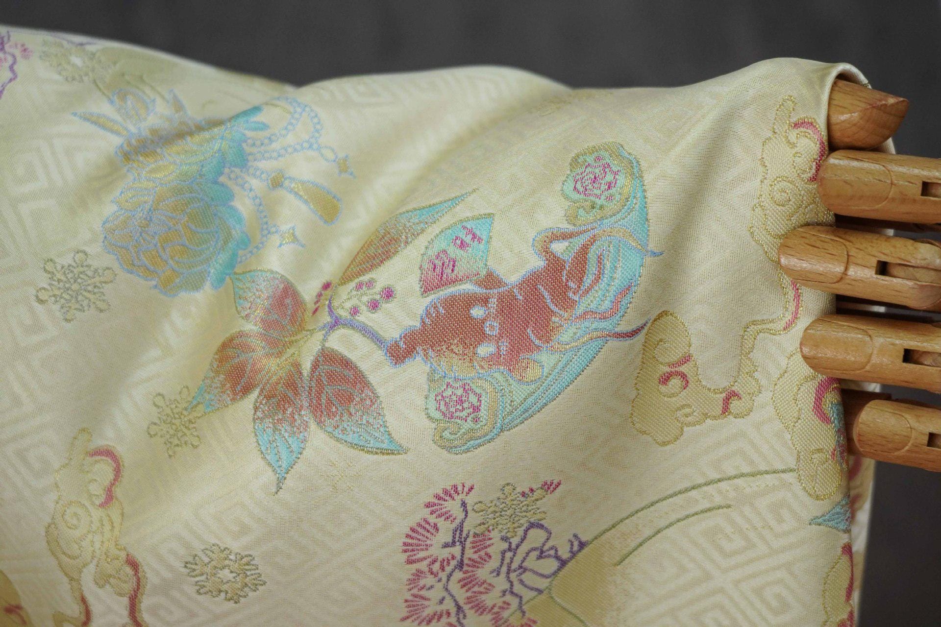 Hundred Blessings Jacquard Brocade Fabric, Song Dynasty Inspired Satin Damask Textile, Elegant Floral Lucky Pattern Fabric, 65" Wide