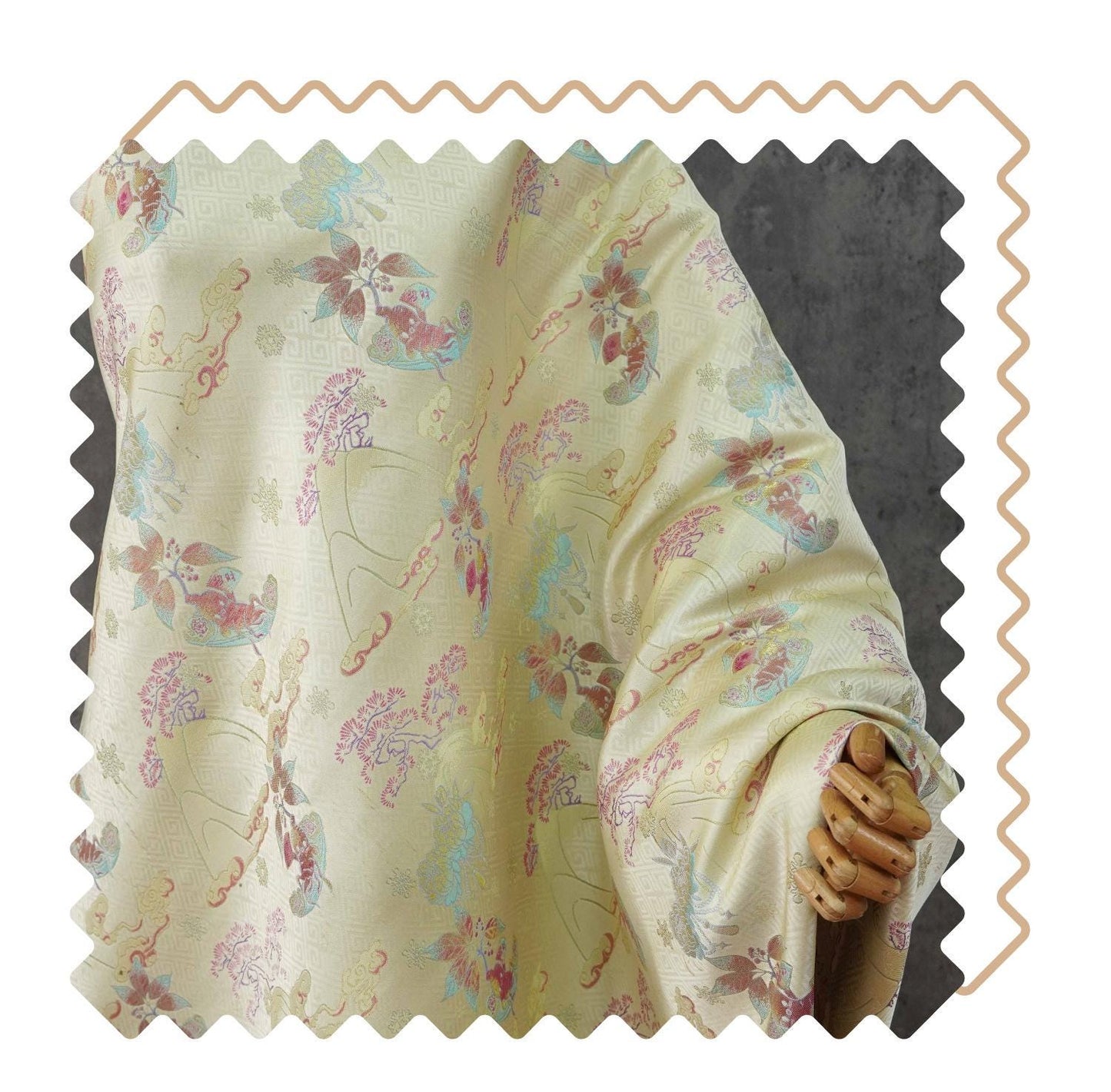 Hundred Blessings Jacquard Brocade Fabric, Song Dynasty Inspired Satin Damask Textile, Elegant Floral Lucky Pattern Fabric, 65" Wide