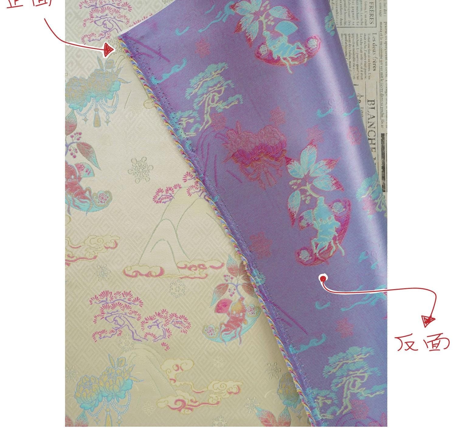Hundred Blessings Jacquard Brocade Fabric, Song Dynasty Inspired Satin Damask Textile, Elegant Floral Lucky Pattern Fabric, 65" Wide