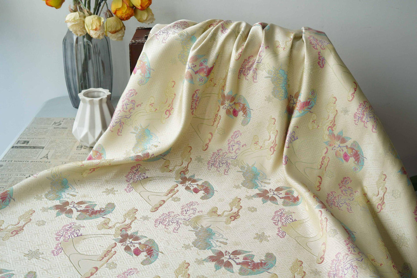 Hundred Blessings Jacquard Brocade Fabric, Song Dynasty Inspired Satin Damask Textile, Elegant Floral Lucky Pattern Fabric, 65" Wide