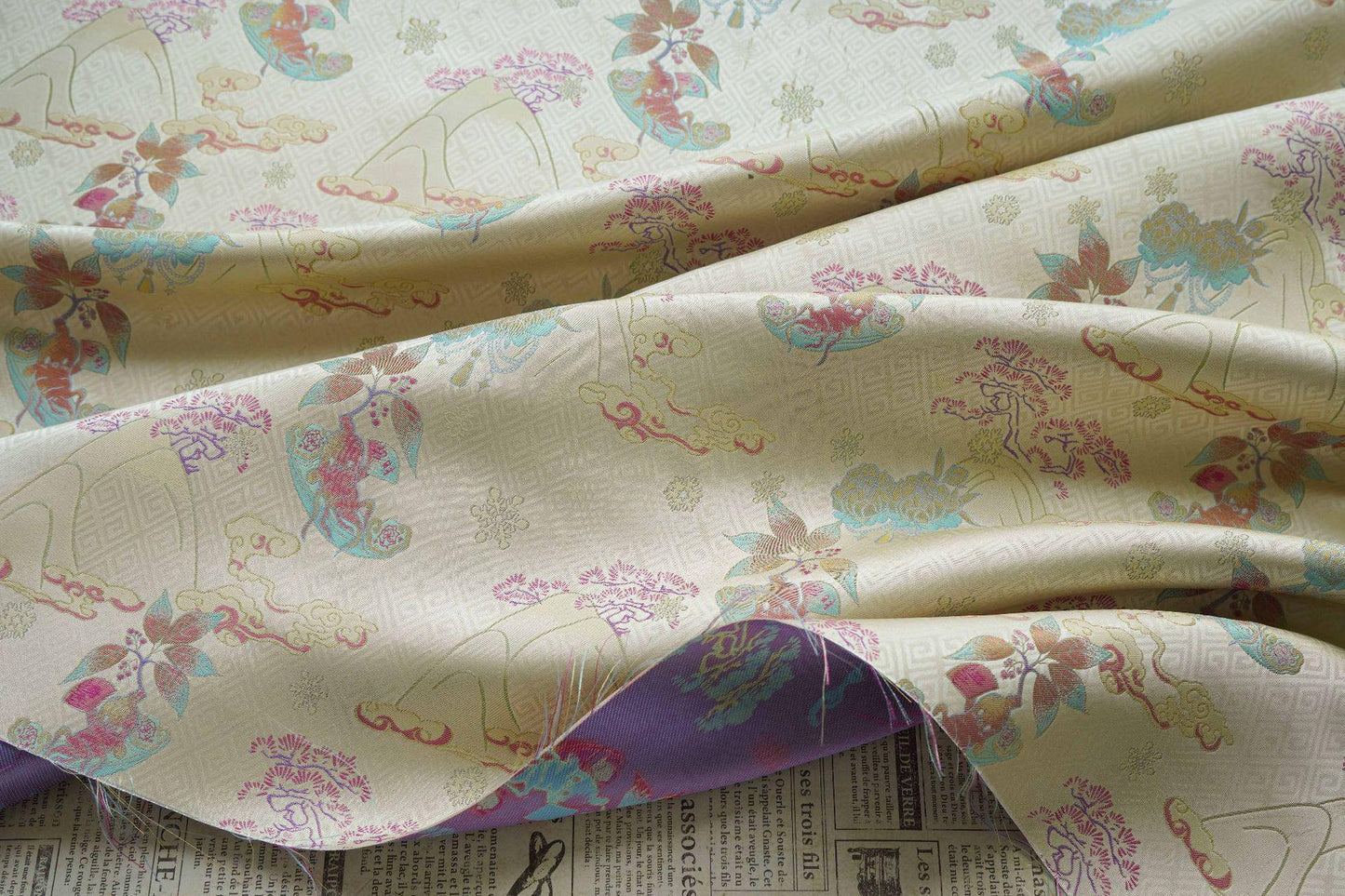 Hundred Blessings Jacquard Brocade Fabric, Song Dynasty Inspired Satin Damask Textile, Elegant Floral Lucky Pattern Fabric, 65" Wide
