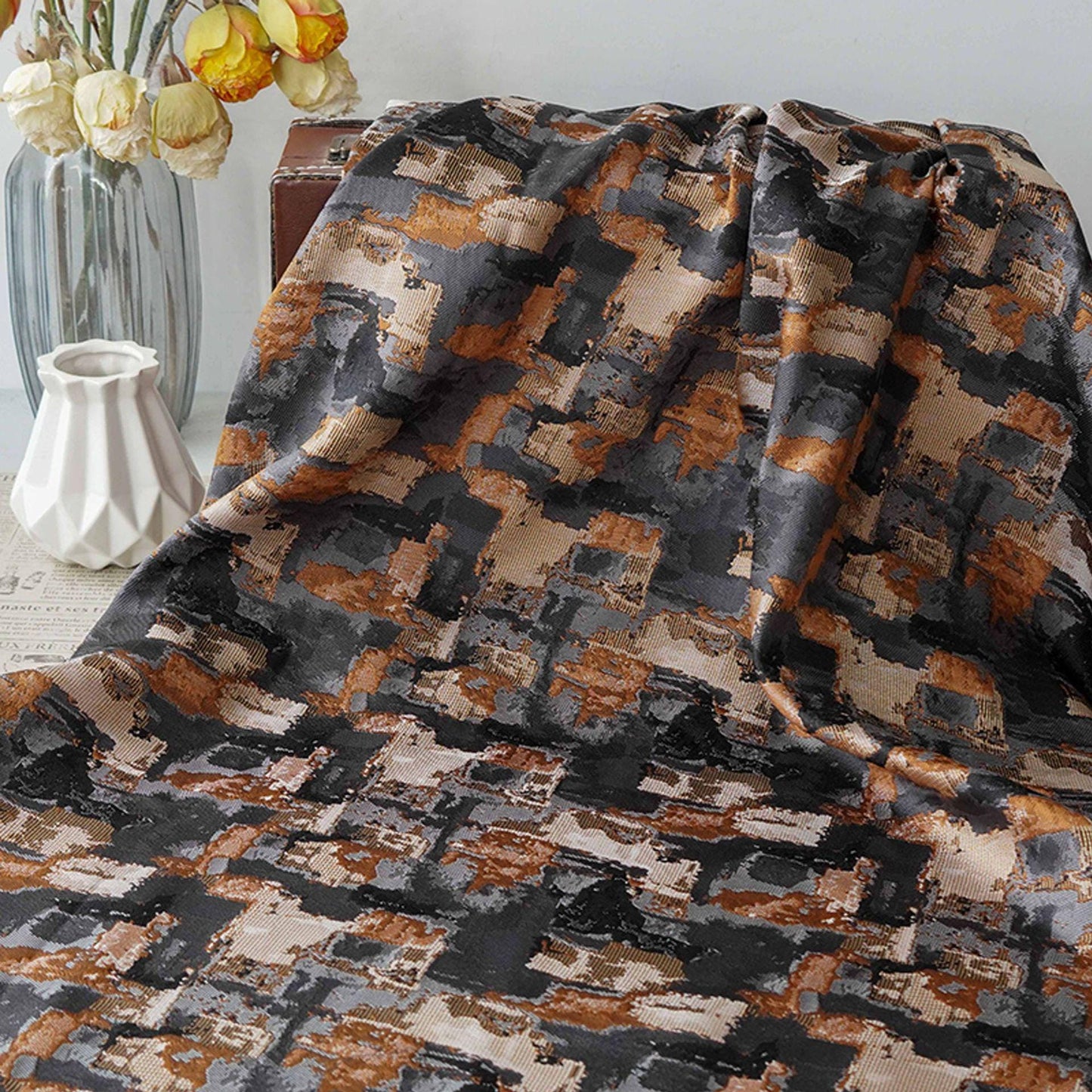 Abstract Oil Painting Style Jacquard Fabric, Geometric Color Block Textile, Vintage Woven Upholstery & Fashion Sewing Material, 58" Wide