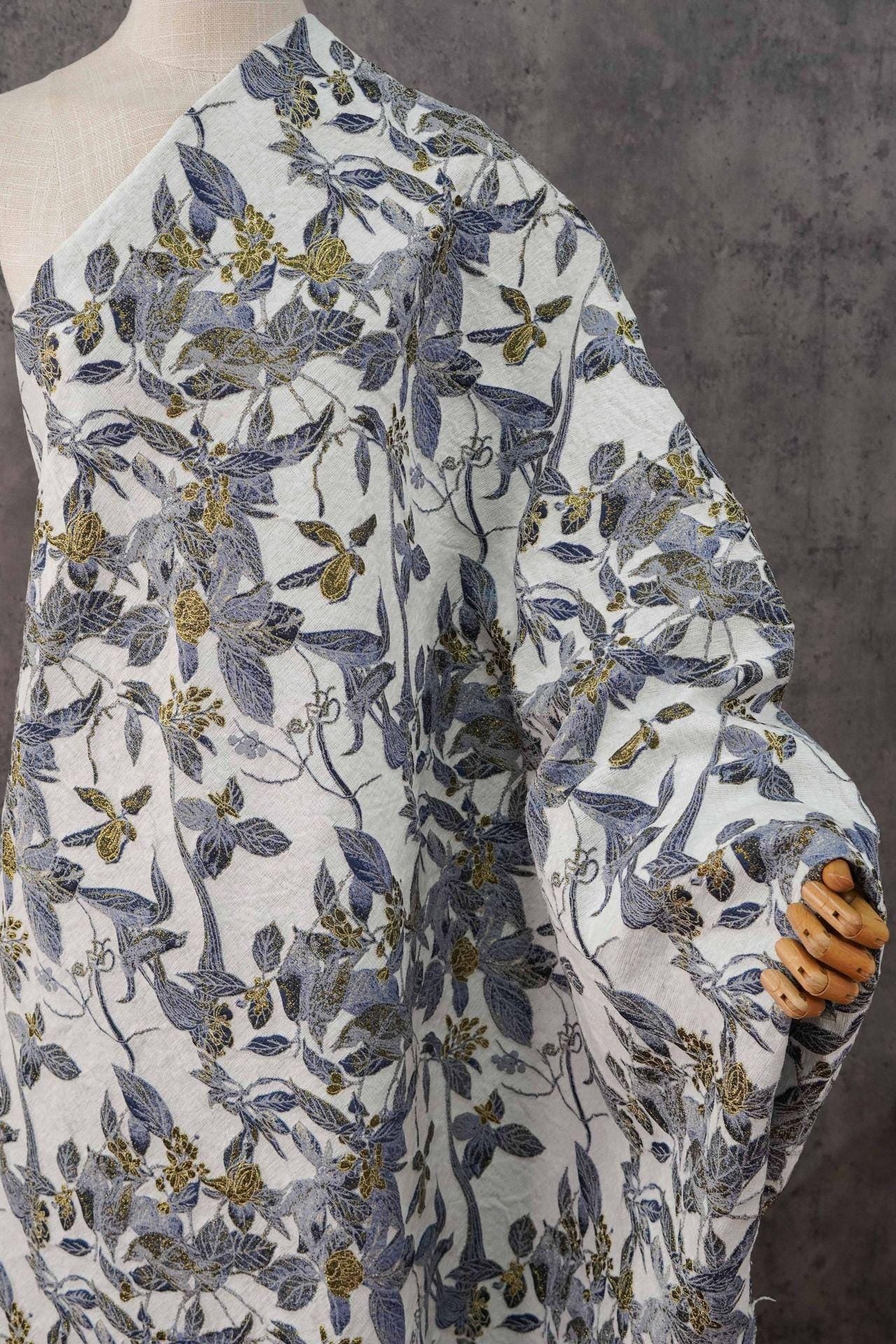 Chinese Floral Bird Jacquard Fabric, Gold Thread Embossed Woven Textile, Vintage Botanical Brocade Fabric for Qipao Dress DIY, 58"Wide